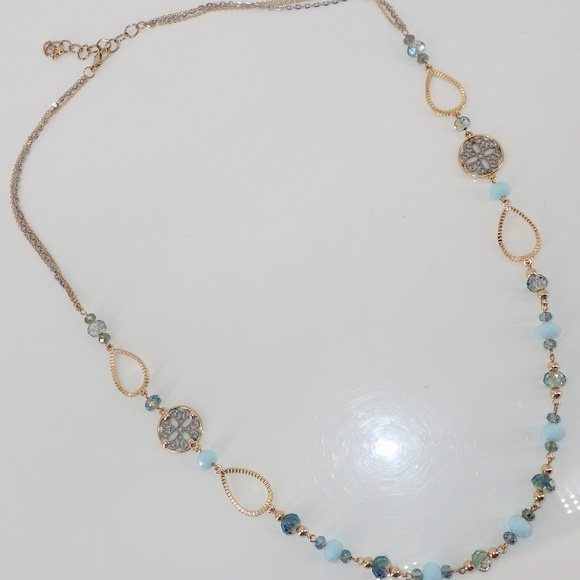 Gold & Silver Tone Aquamarine & Blue Beaded Chain Necklace Classic Work Wear 32" - Picture 2 of 9